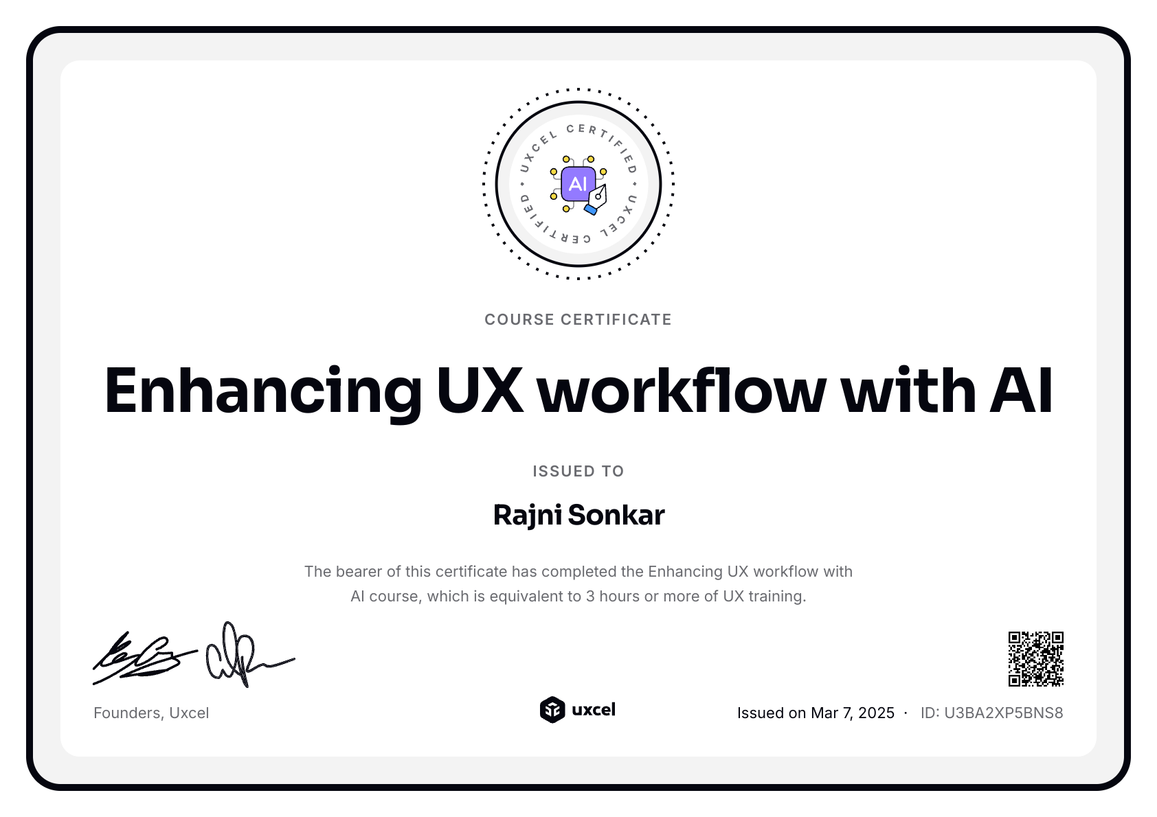 Rajni Sonkar's certificate